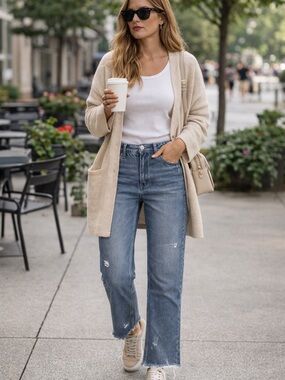 Flying Monkey Distressed Straight Leg Jean Size 31 Raw Hem High Rise Medium Wash